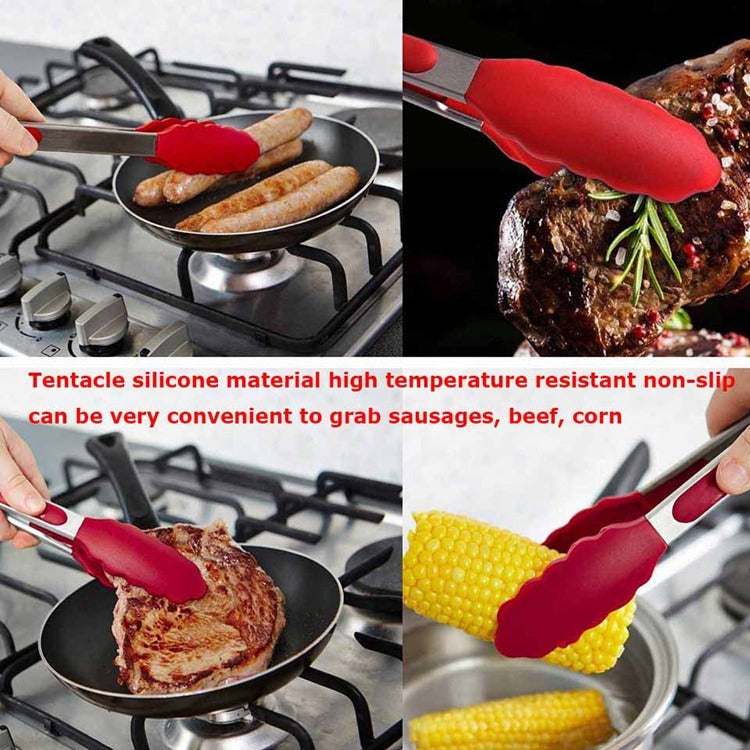 9 inch Silicone Non-slip Food Bread Barbecue BBQ Clip Tongs Kitchen Tools(Red)