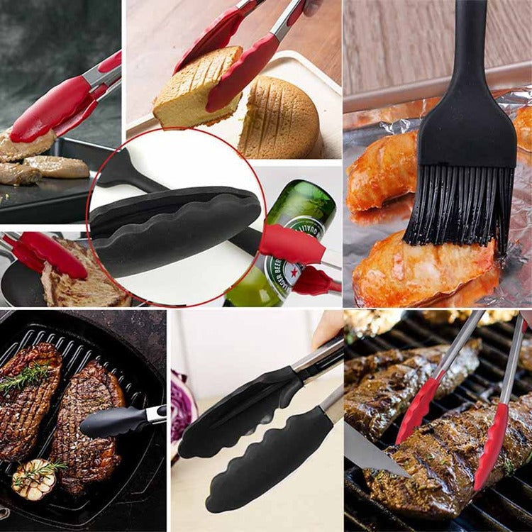 9 inch Silicone Non-slip Food Bread Barbecue BBQ Clip Tongs Kitchen Tools(Red)