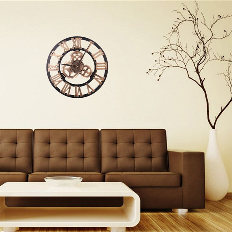 Retro Wooden Round Single-sided Gear Clock Rome Number Wall Clock, Diameter: 30cm(Gold)