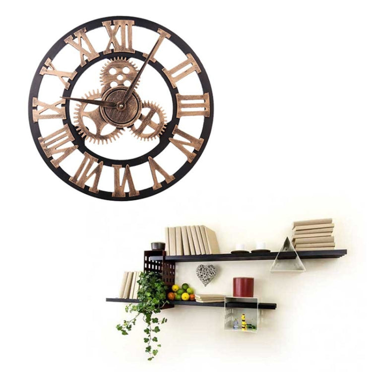 Retro Wooden Round Single-sided Gear Clock Rome Number Wall Clock, Diameter: 30cm(Gold)
