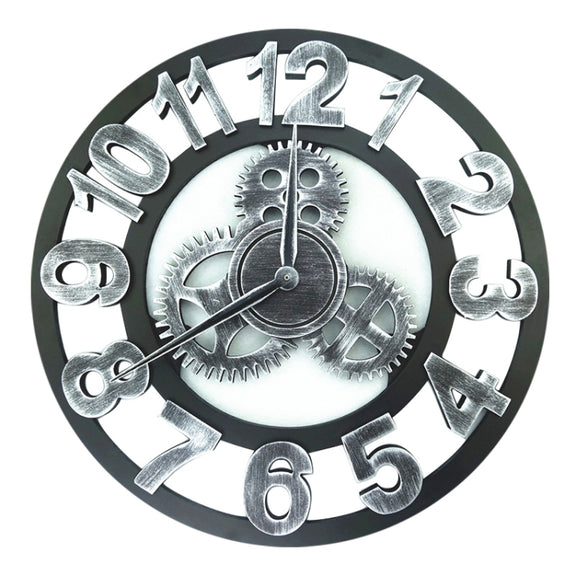 Retro Wooden Round Single-sided Gear Clock Number Wall Clock, Diameter: 40cm (Silver)
