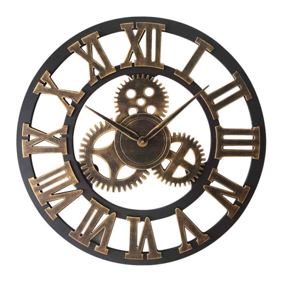 Retro Wooden Round Single-sided Gear Clock Rome Number Wall Clock, Diameter: 40cm (Gold)