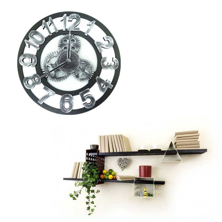 Retro Wooden Round Single-sided Gear Clock Number Wall Clock, Diameter: 45cm (Silver)