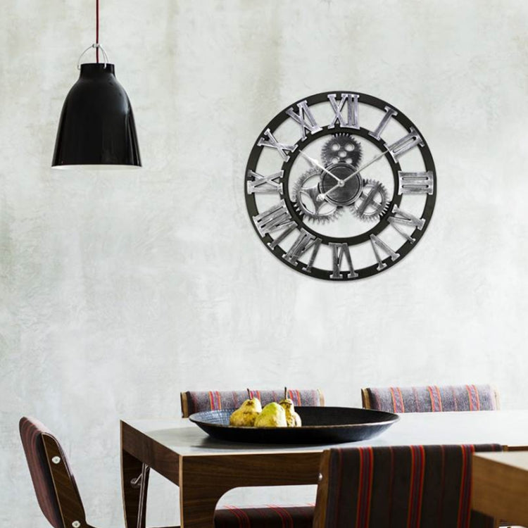 Retro Wooden Round Single-sided Gear Clock Rome Number Wall Clock, Diameter: 45cm (Silver)
