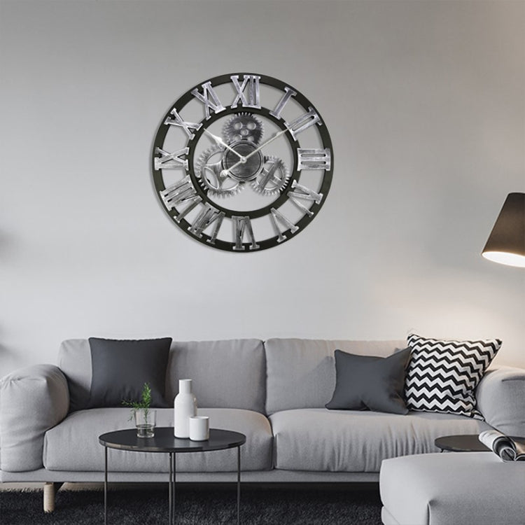 Retro Wooden Round Single-sided Gear Clock Rome Number Wall Clock, Diameter: 70cm(Silver)