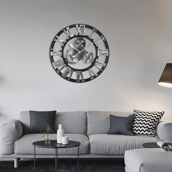 Retro Wooden Round Single-sided Gear Clock Rome Number Wall Clock, Diameter: 70cm(Silver)