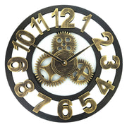 Retro Wooden Round Single-sided Gear Clock Arabic Number Wall Clock, Diameter: 30cm (Gold)