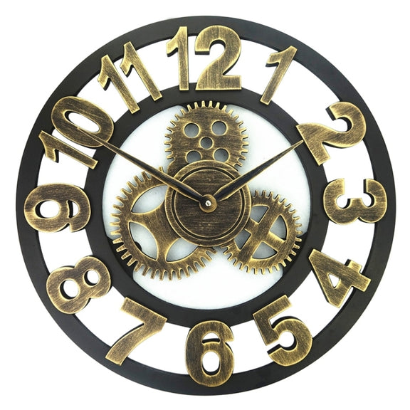 Retro Wooden Round Single-sided Gear Clock Arabic Number Wall Clock, Diameter: 30cm (Gold)