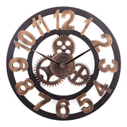 Retro Wooden Round Single-sided Gear Clock Arabic Number Wall Clock, Diameter: 35cm (Gold)