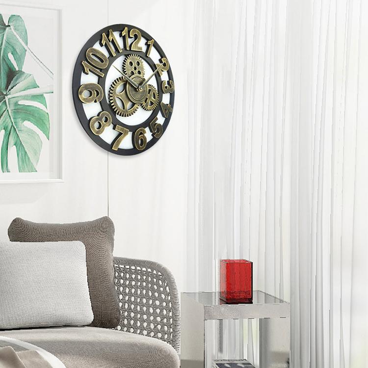 Retro Wooden Round Single-sided Gear Clock Arabic Number Wall Clock, Diameter: 35cm (Silver)