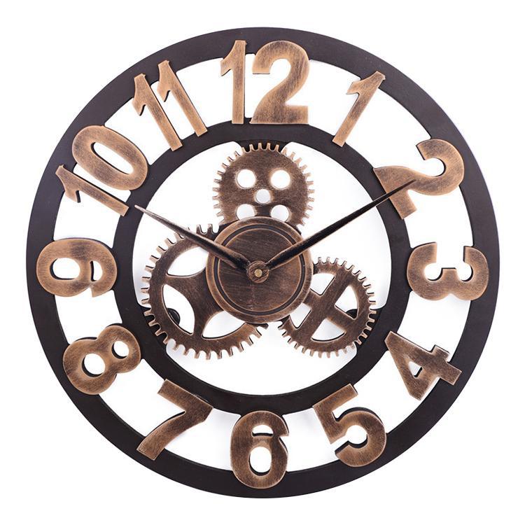 Retro Wooden Round Single-sided Gear Clock Arabic Number Wall Clock, Diameter: 70cm (Gold)