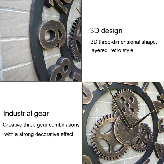 Retro Wooden Round Single-sided Gear Clock Arabic Number Wall Clock, Diameter: 70cm (Gold)