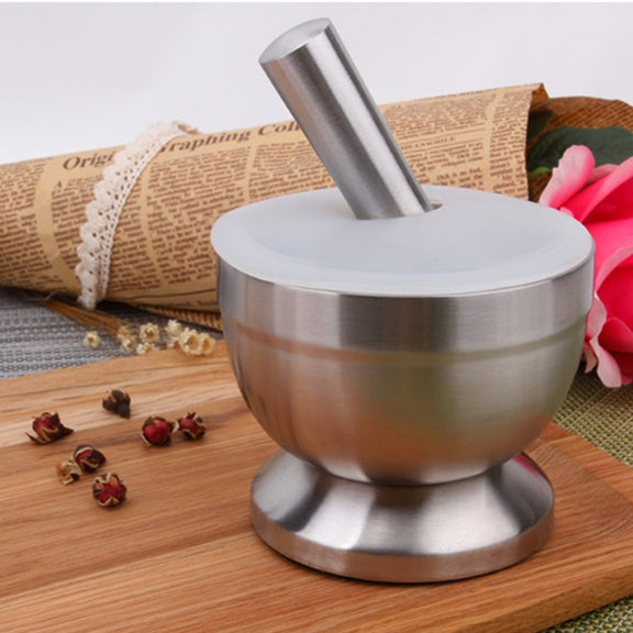 Kitchen Stainless Steel Garlic Food Mortar with Cover, Size: Small
