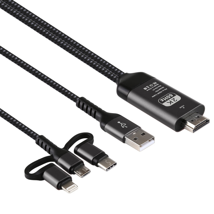 3 in 1 Micro USB + USB-C / Type-C + 8 Pin to HDMI HDTV Cable(Black)