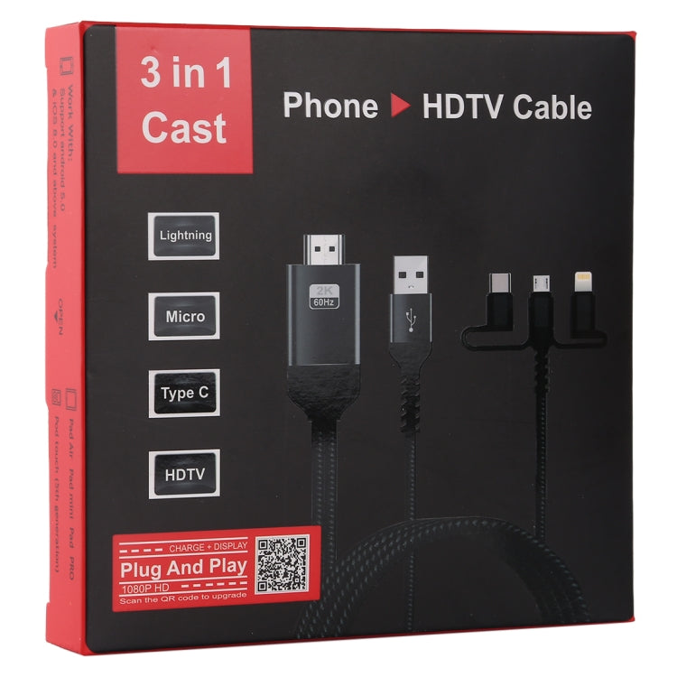 3 in 1 Micro USB + USB-C / Type-C + 8 Pin to HDMI HDTV Cable(Black)