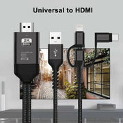 3 in 1 Micro USB + USB-C / Type-C + 8 Pin to HDMI HDTV Cable(Black)