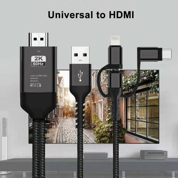 3 in 1 Micro USB + USB-C / Type-C + 8 Pin to HDMI HDTV Cable(Black)