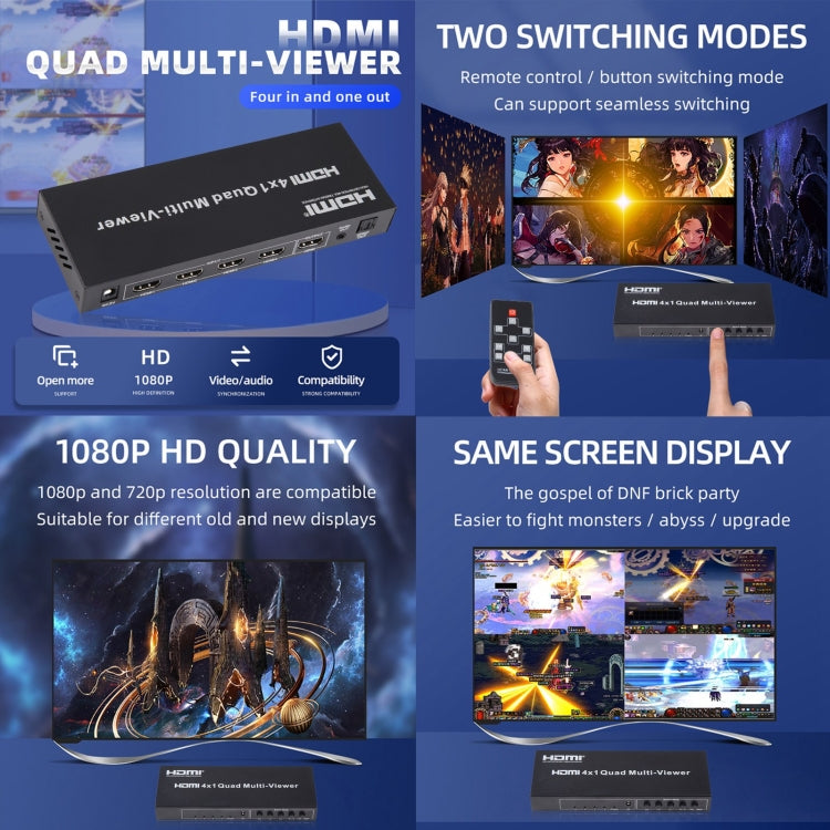 4 in 1 Out HDMI Quad Multi-viewer with Seamless Switcher, US Plug