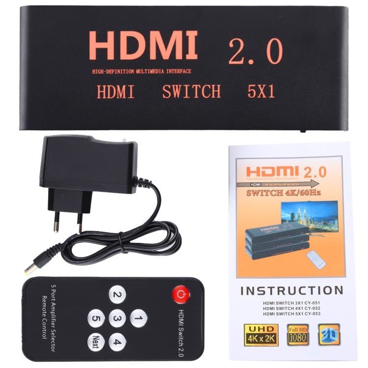 5X1 4K/60Hz HDMI 2.0 Switch with Remote Control, EU Plug