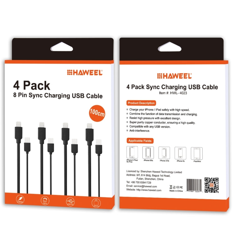 4 PCS HAWEEL 1m High Speed 8 pin to USB Sync and Charging Cable Kit for iPhone, iPad(Black)