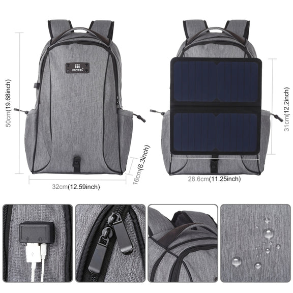 HAWEEL 14W Foldable Removable Solar Power Outdoor Portable Canvas Dual Shoulders Laptop Backpack, USB Output: 5V 2.1A Max(Grey)