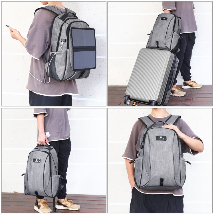 HAWEEL 14W Foldable Removable Solar Power Outdoor Portable Canvas Dual Shoulders Laptop Backpack, USB Output: 5V 2.1A Max(Grey)