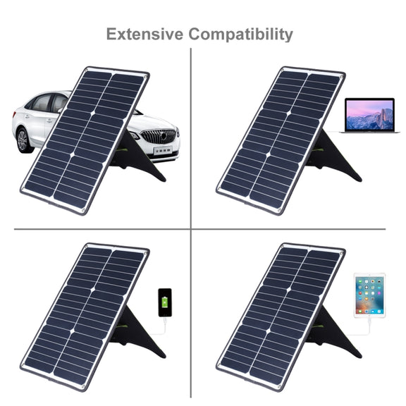 HAWEEL Portable 20W Monocrystalline Silicon Solar Power Panel Charger, with USB Port & Holder & Tiger Clip, Support QC3.0 and AFC(Black)