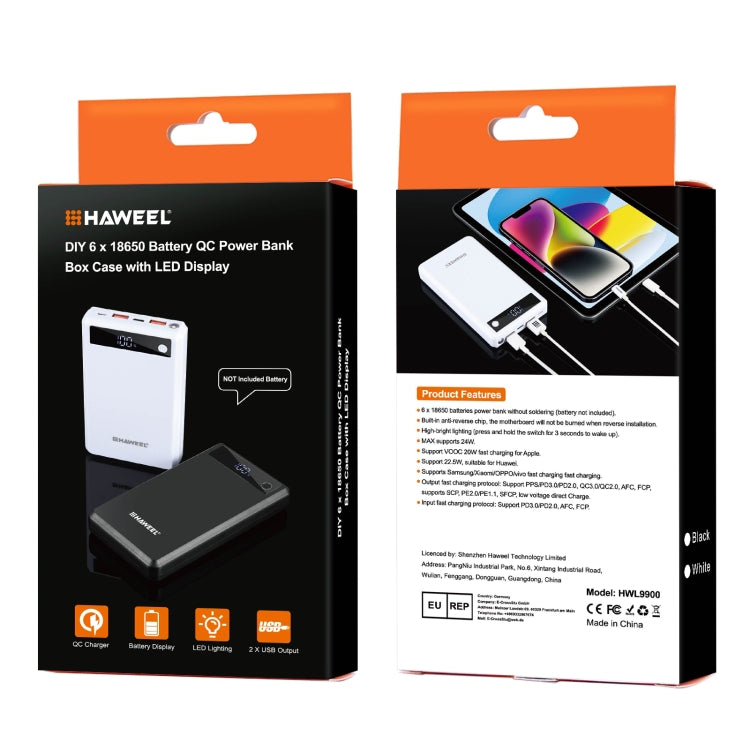 HAWEEL DIY 6 x 18650 Battery 24W Fast Charge Power Bank Box Case with Display, Not Include Battery (White)