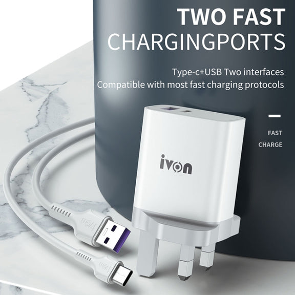 IVON AD52 18W USB-C / Type-C + USB Dual Port PD Fast Charge(UK Plug)