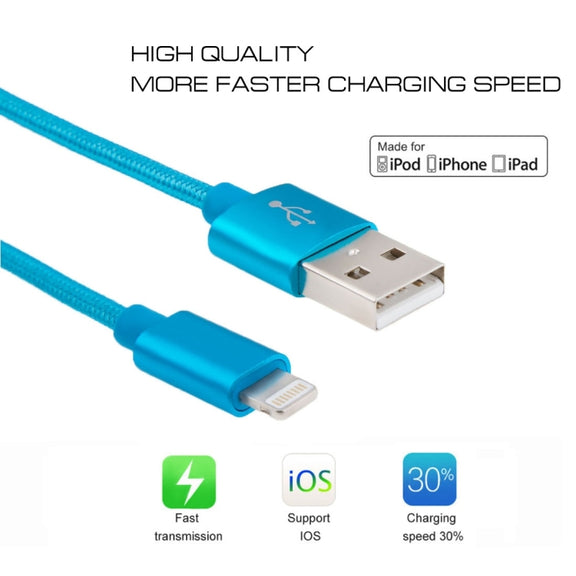 3m 3A Woven Style Metal Head 8 Pin to USB Data / Charger Cable(Blue)