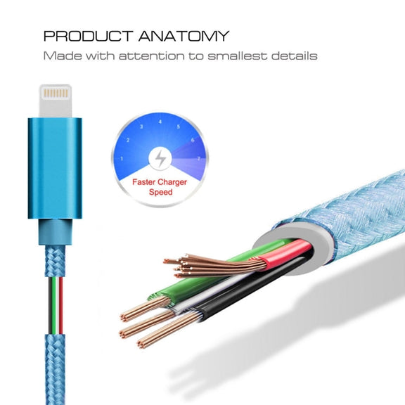3m 3A Woven Style Metal Head 8 Pin to USB Data / Charger Cable(Blue)