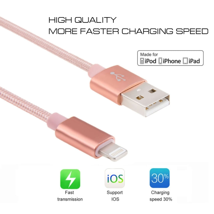 3m 3A Woven Style Metal Head 8 Pin to USB Data / Charger Cable(Rose Gold)