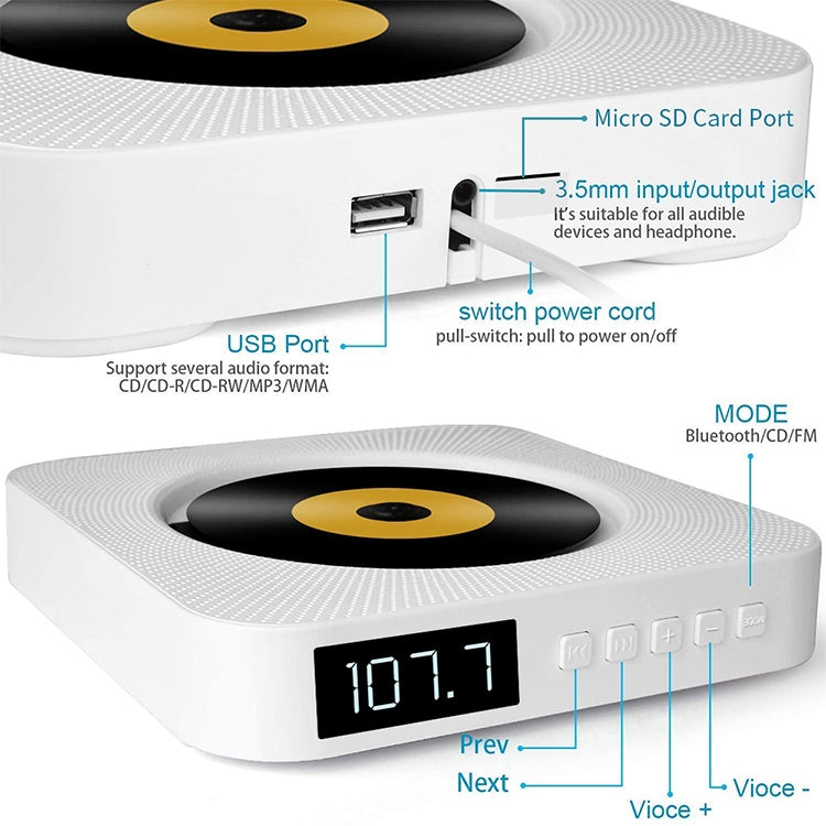 The Second Generation Portable Digital Display Bluetooth Speaker CD Player with Remote Control (White)