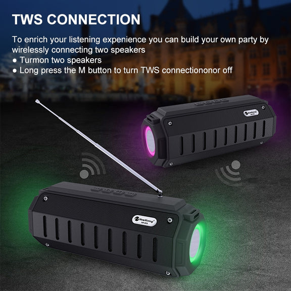 New Rixing NR-905FM TWS Bluetooth Speaker Support Hands-free Call / FM with Shoulder Strap & Antenna (Black)