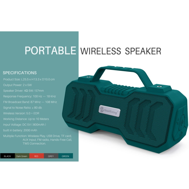 NewRixing NR-4500 Portable Wireless Bluetooth Stereo Speaker Support TWS / FM Function Speaker (Green)