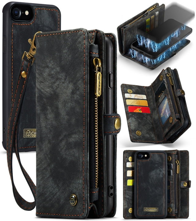 CaseMe for  iPhone 8 & 7  Multifunctional Leather Billfold with Detachable Magnetic PC Back Protective Case & Holder & 10 Card Slots & 3 Cash Slots & 1 Zipper Wallet & 2 Photo Frames & 3 Magnetic Clasps(Black)