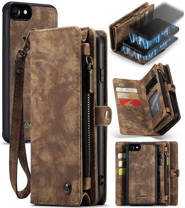 CaseMe for  iPhone 8 & 7  Multifunctional Leather Billfold with Detachable Magnetic PC Back Protective Case & Holder & 10 Card Slots & 3 Cash Slots & 1 Zipper Wallet & 2 Photo Frames & 3 Magnetic Clasps(Coffee)