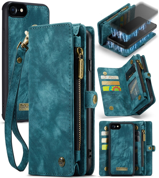 CaseMe for  iPhone 8 & 7  Multifunctional Leather Billfold with Detachable Magnetic PC Back Protective Case & Holder & 10 Card Slots & 3 Cash Slots & 1 Zipper Wallet & 2 Photo Frames & 3 Magnetic Clasps(Blue)