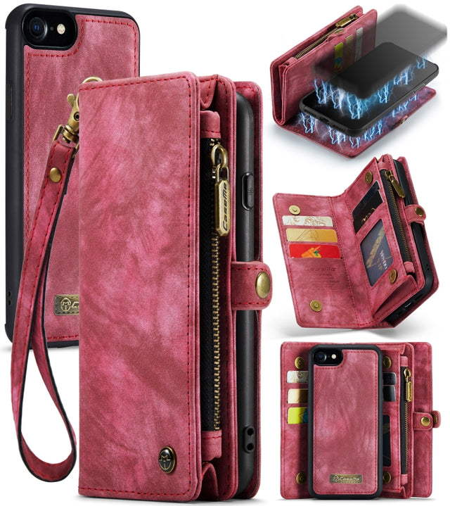 CaseMe for  iPhone 8 & 7  Multifunctional Leather Billfold with Detachable Magnetic PC Back Protective Case & Holder & 10 Card Slots & 3 Cash Slots & 1 Zipper Wallet & 2 Photo Frames & 3 Magnetic Clasps(Red)