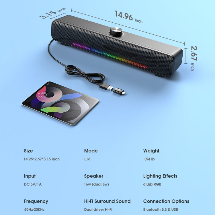 L16 Outdoor Portable RGB Light HiFi USB Bluetooth Wireless Speaker(Black)