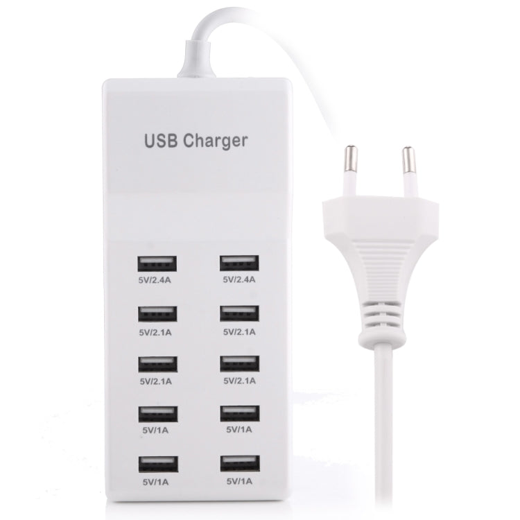 5V 2.4A / 2.1A / 1A 10-Port USB Charger Adapter, EU Plug(White)