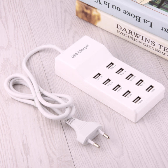 5V 2.4A / 2.1A / 1A 10-Port USB Charger Adapter, EU Plug(White)