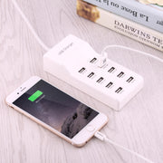 5V 2.4A / 2.1A / 1A 10-Port USB Charger Adapter, EU Plug(White)