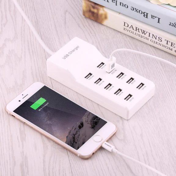 5V 2.4A / 2.1A / 1A 10-Port USB Charger Adapter, EU Plug(White)