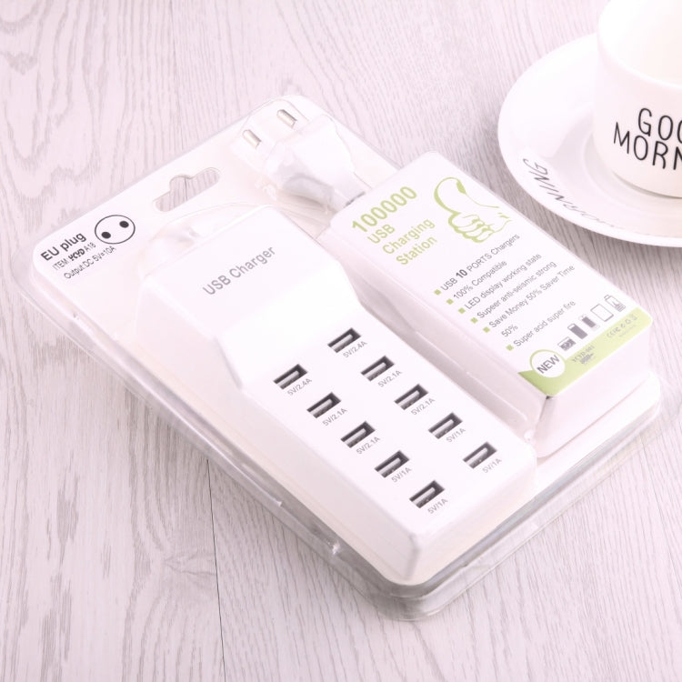 5V 2.4A / 2.1A / 1A 10-Port USB Charger Adapter, EU Plug(White)