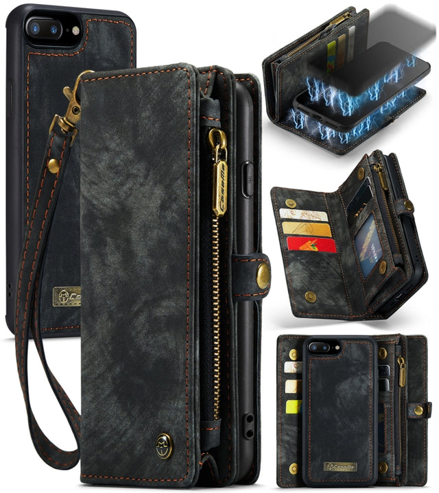 CaseMe for iPhone 8 Plus & 7 Plus   Multifunctional Leather Billfold with Detachable Magnetic PC Back Protective Case & Holder & 11 Card Slots & 3 Cash Slots & 1 Zipper Wallet & 2 Photo Frames & 3 Magnetic Clasps(Black)