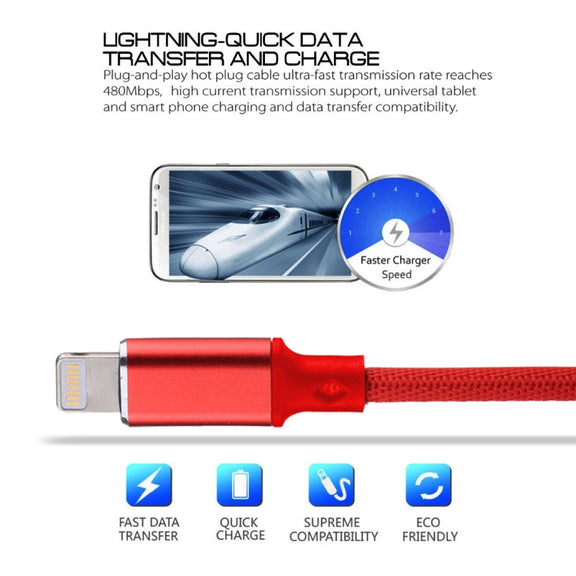 1m 2A USB to 8 Pin Nylon Weave Style Data Sync Charging Cable(Red)