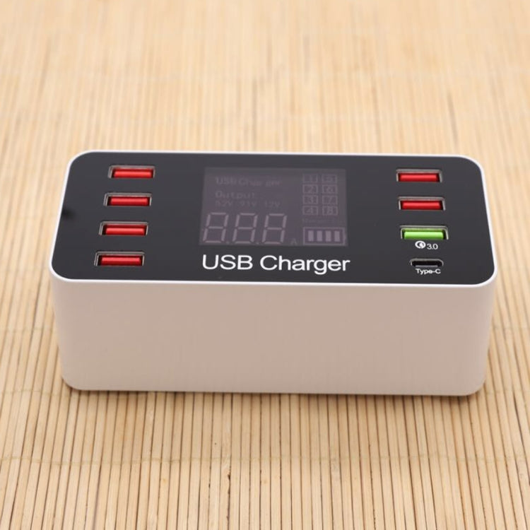A9+ Multi-function AC 100V~240V 8 Ports USB Digital Display LCD Detachable Charging Station Smart Charger,Support QC3.0(White)