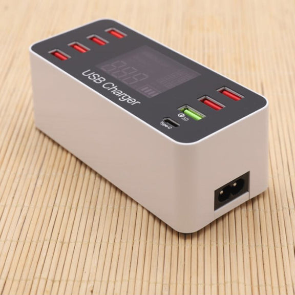 A9+ Multi-function AC 100V~240V 8 Ports USB Digital Display LCD Detachable Charging Station Smart Charger,Support QC3.0(White)