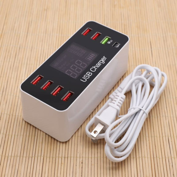 A9+ Multi-function AC 100V~240V 8 Ports USB Digital Display LCD Detachable Charging Station Smart Charger,Support QC3.0(White)